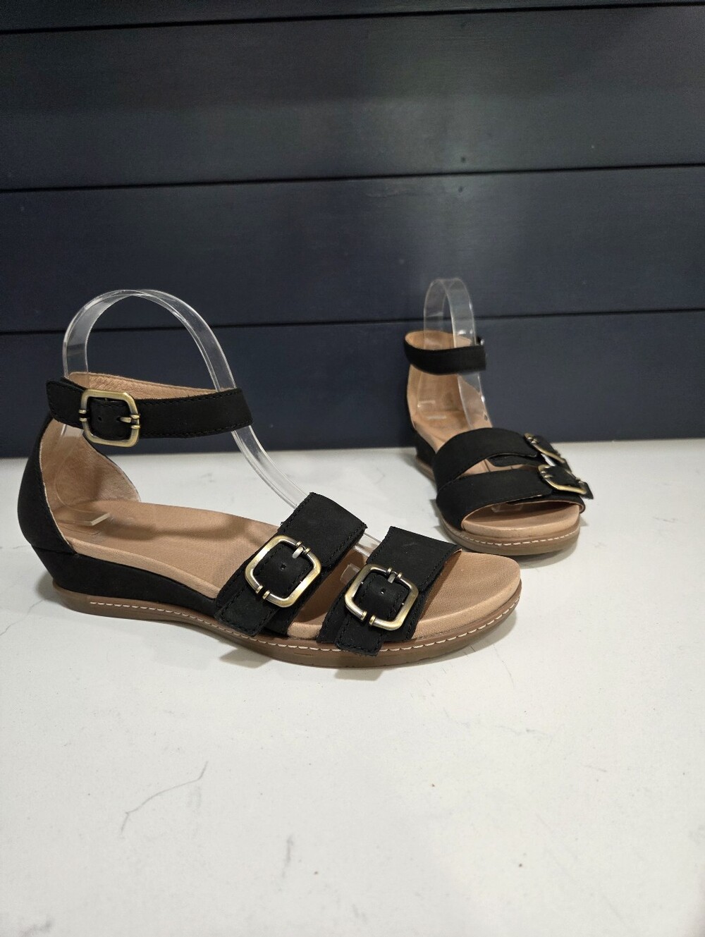 Dansko Astrid Wedge Women Black Buckle Ankle-Strap Sandals Nubuck Leather Sz 39